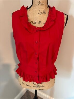 Sleeveless Red Ruffle-Trim Button Front Blouse